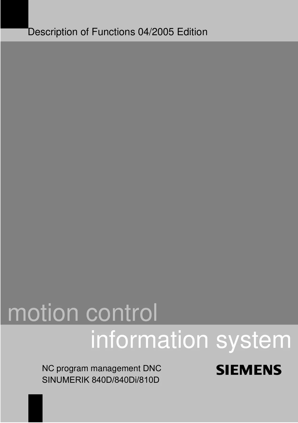 Siemens SINUMERIK 840D/840Di/810D Description of Functions - NC Program Management (DNC), 04/2005 Edition cover