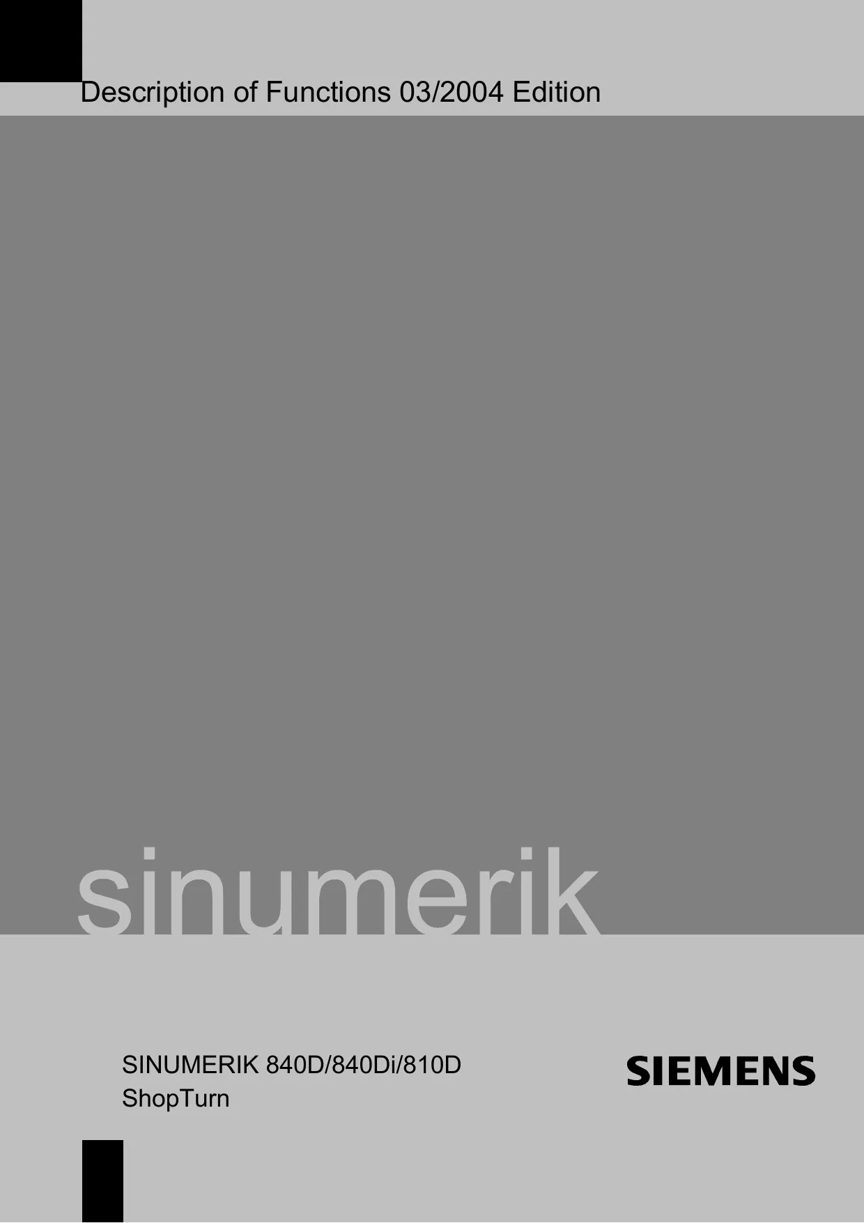 Siemens SINUMERIK 840D/840Di/810D Description of Functions - ShopTurn, 03/2004 Edition cover