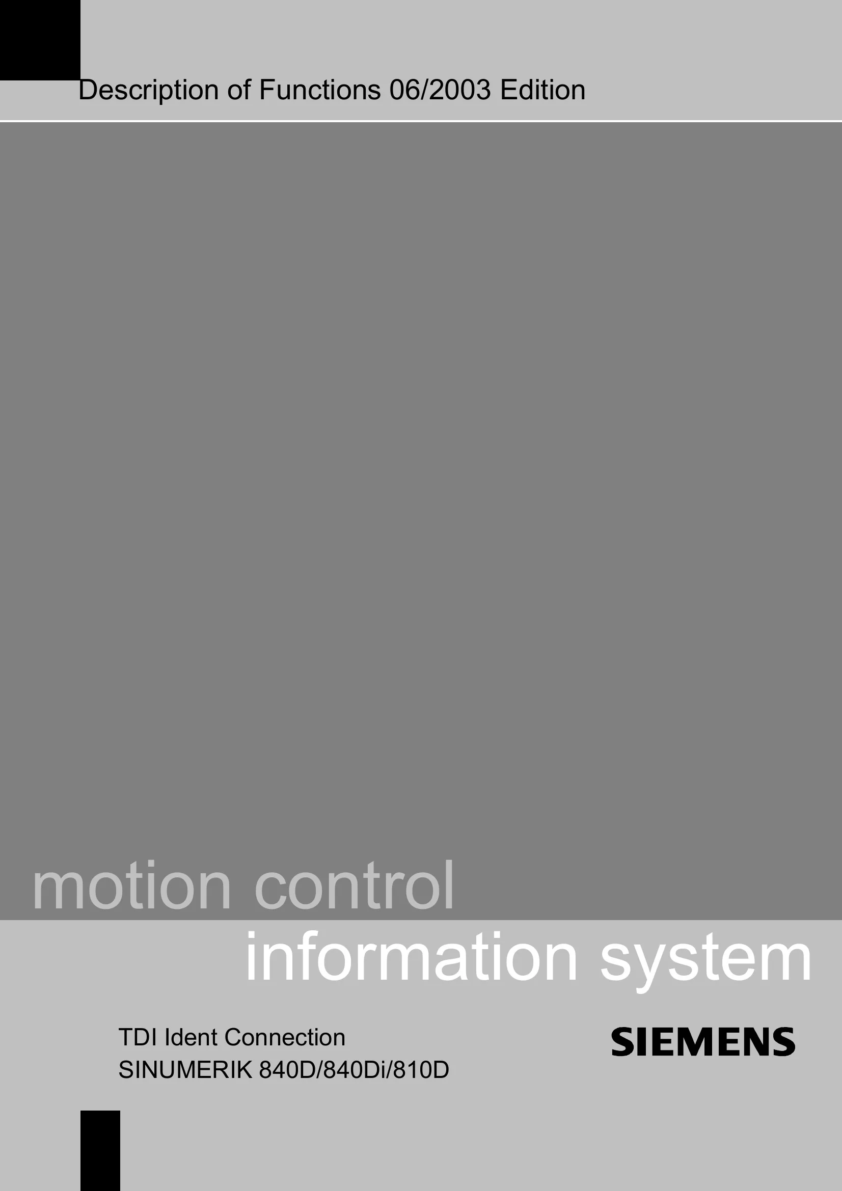 Siemens SINUMERIK 840D/840Di/810D Description of Functions - TDI Ident Connection, 06/2003 Edition cover