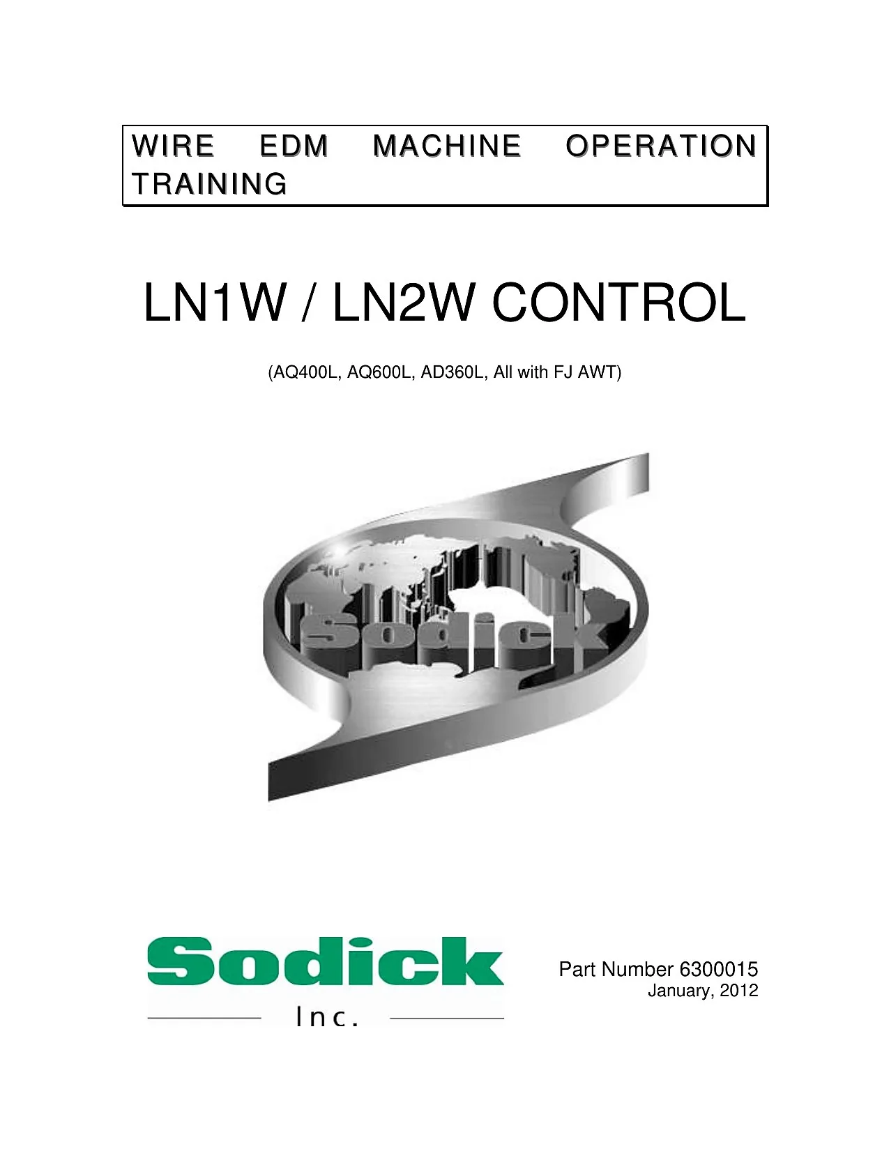 Sodick LN1W / LN2W Wire EDM Control Operation Manual cover